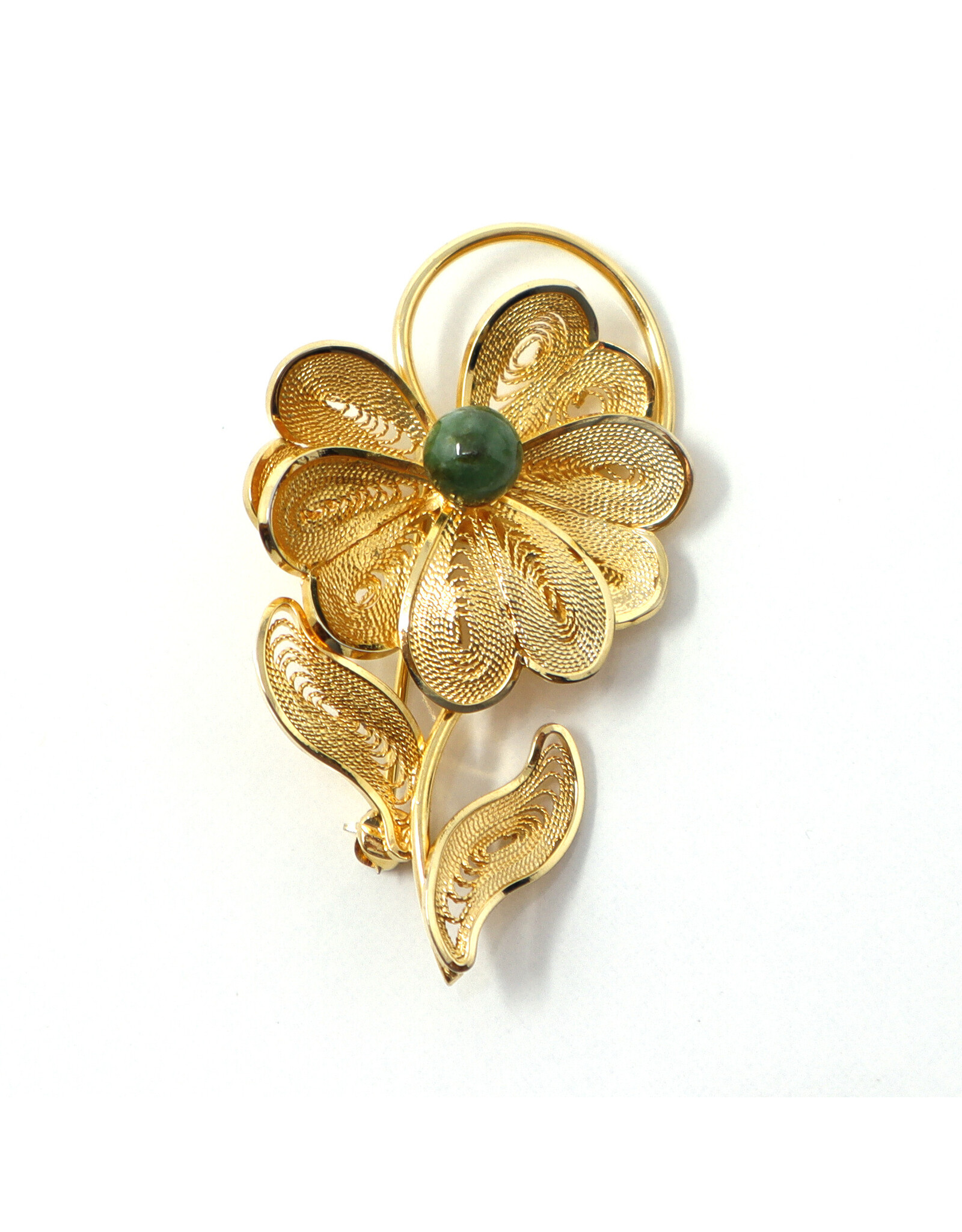 12K Gold-Fill Filigree Flower Brooch with Green Stone