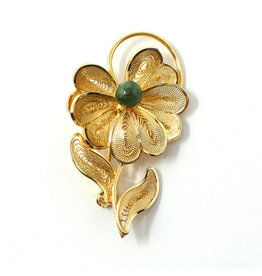 12K Gold-Fill Filigree Flower Brooch with Green Stone