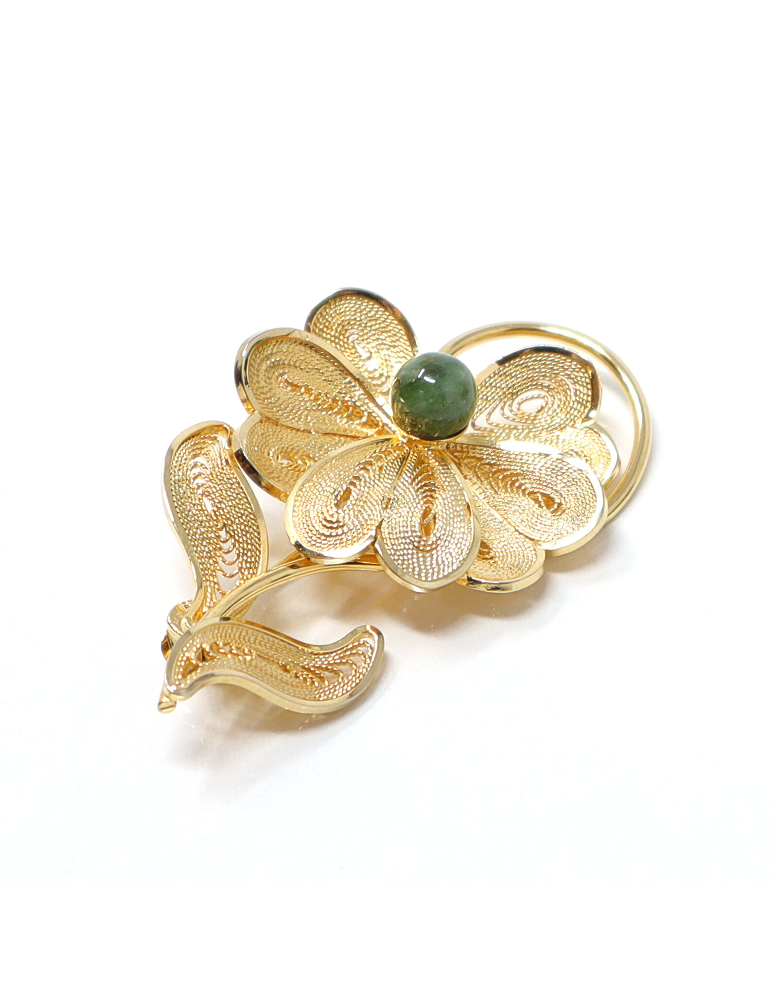 12K Gold-Fill Filigree Flower Brooch with Green Stone