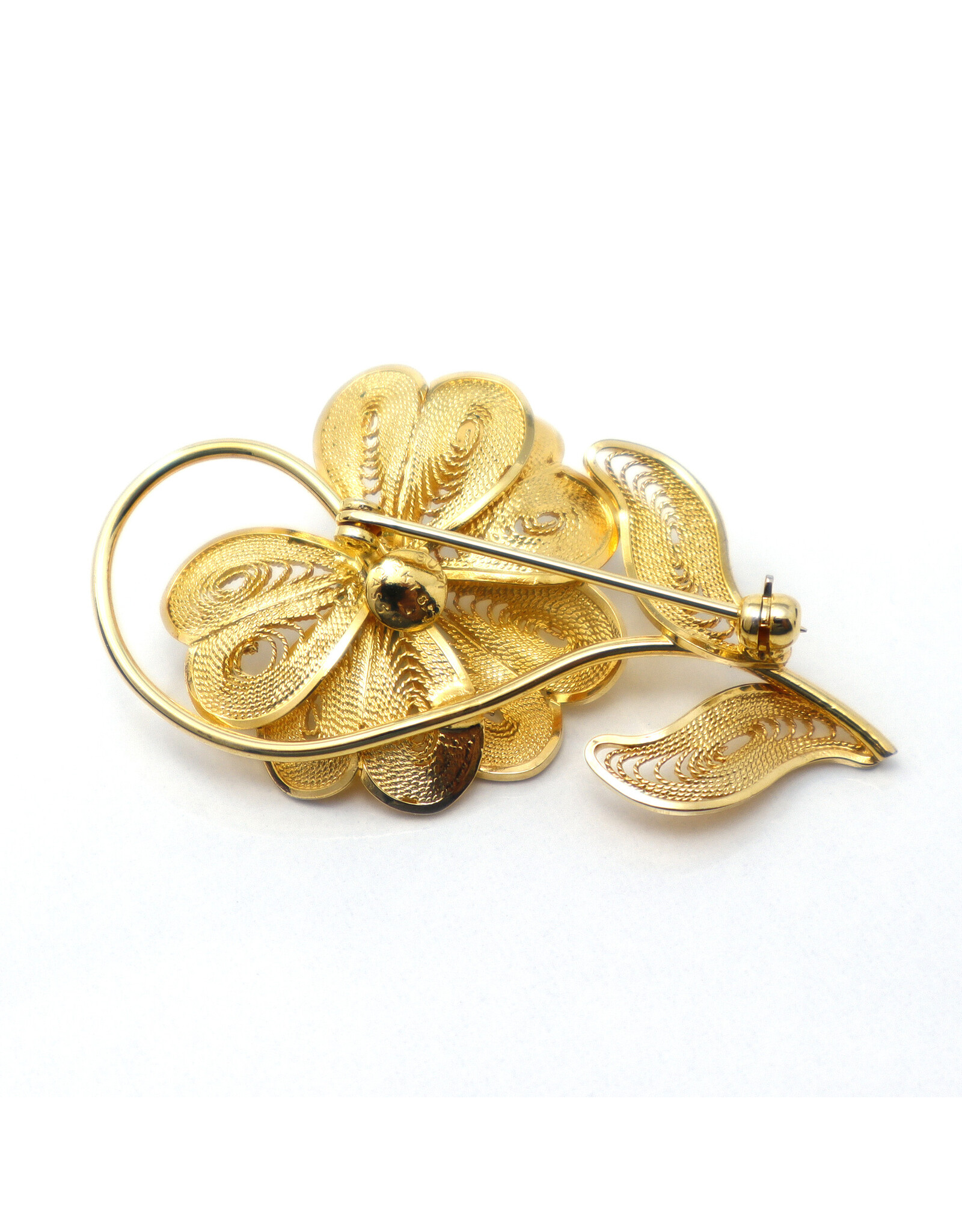 12K Gold-Fill Filigree Flower Brooch with Green Stone