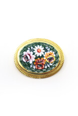 Medium Four-Flower Oval Forest Green Micromosaic Brooch