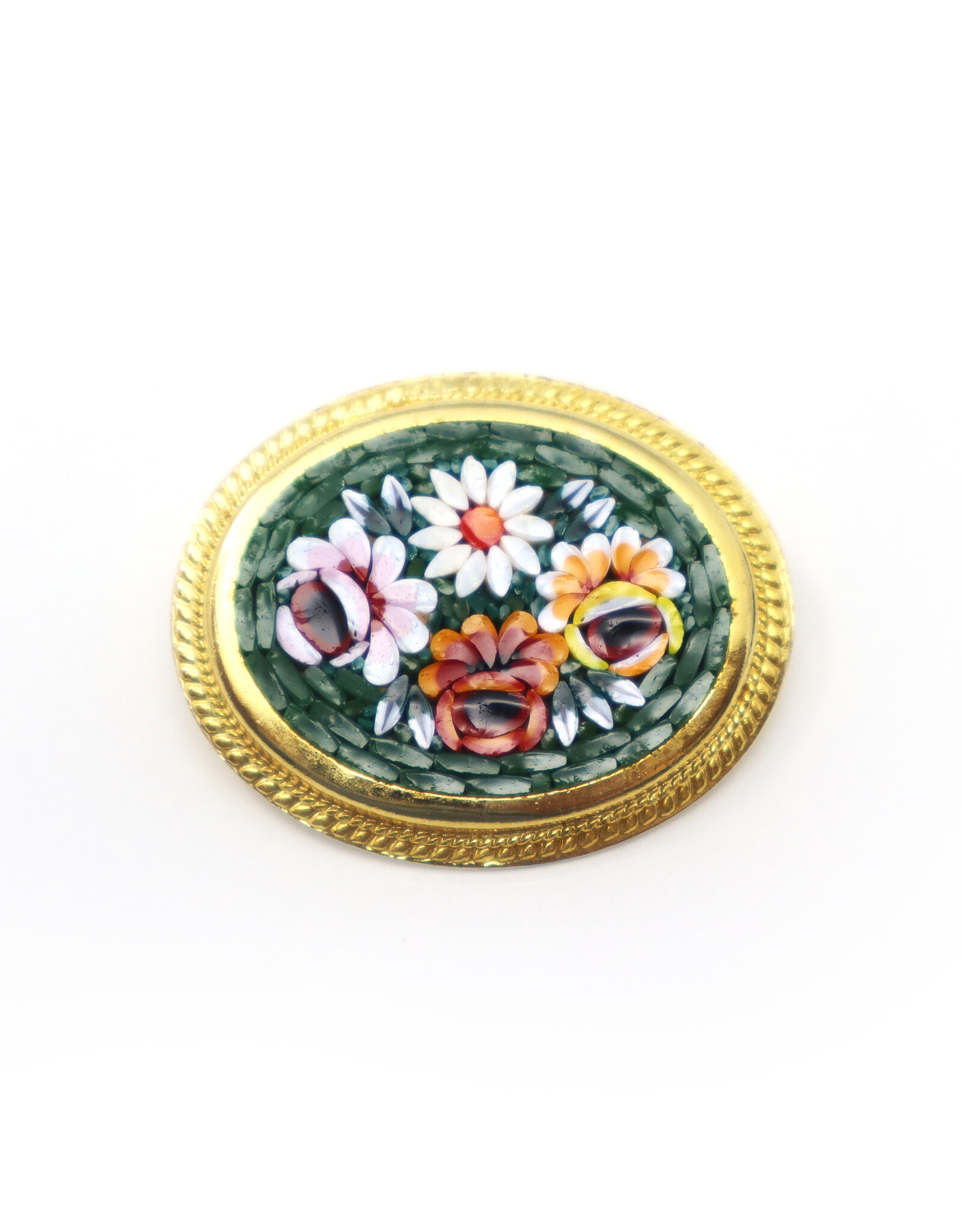 Medium Four-Flower Oval Forest Green Micromosaic Brooch