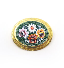 Medium Four-Flower Oval Forest Green Micromosaic Brooch