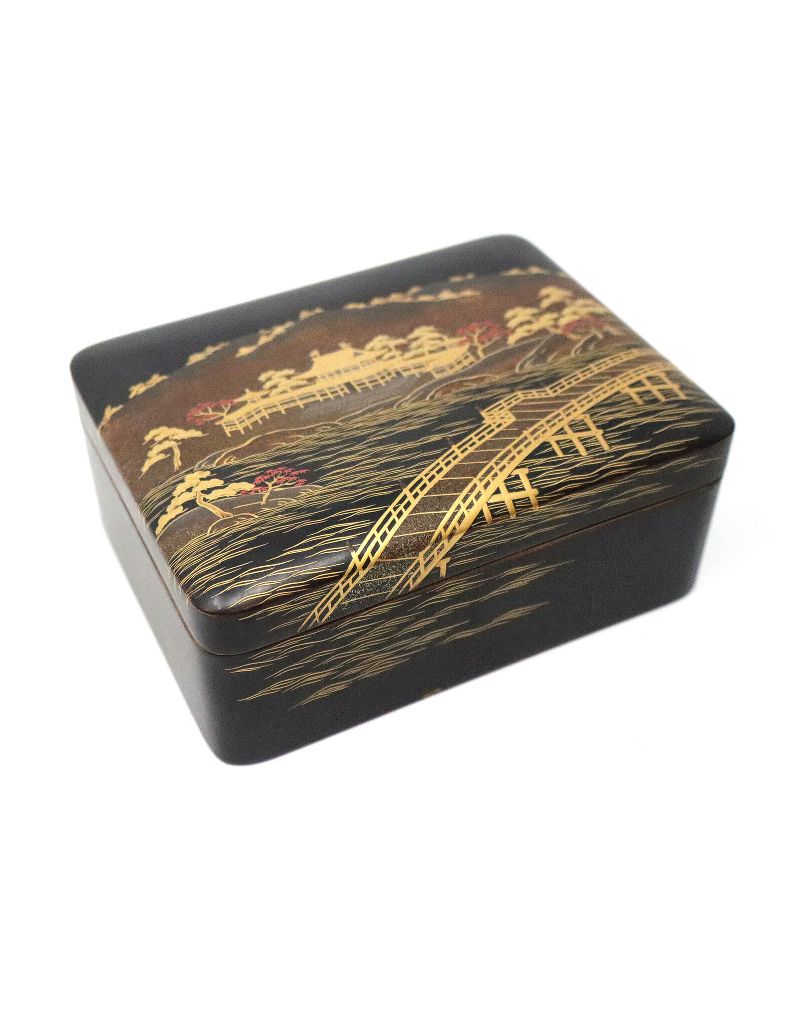 Small Vintage Maki-e Box with Landscape of Uji River and Byodo-In Temple