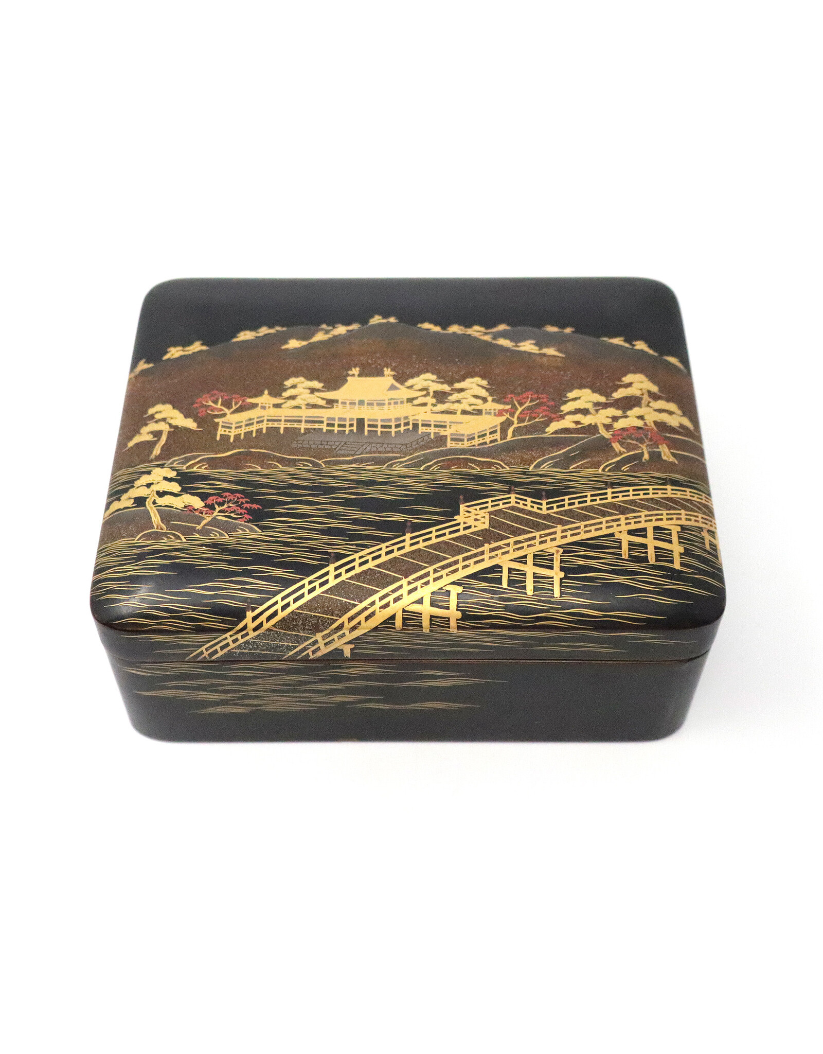Small Vintage Maki-e Box with Landscape of Uji River and Byodo-In Temple