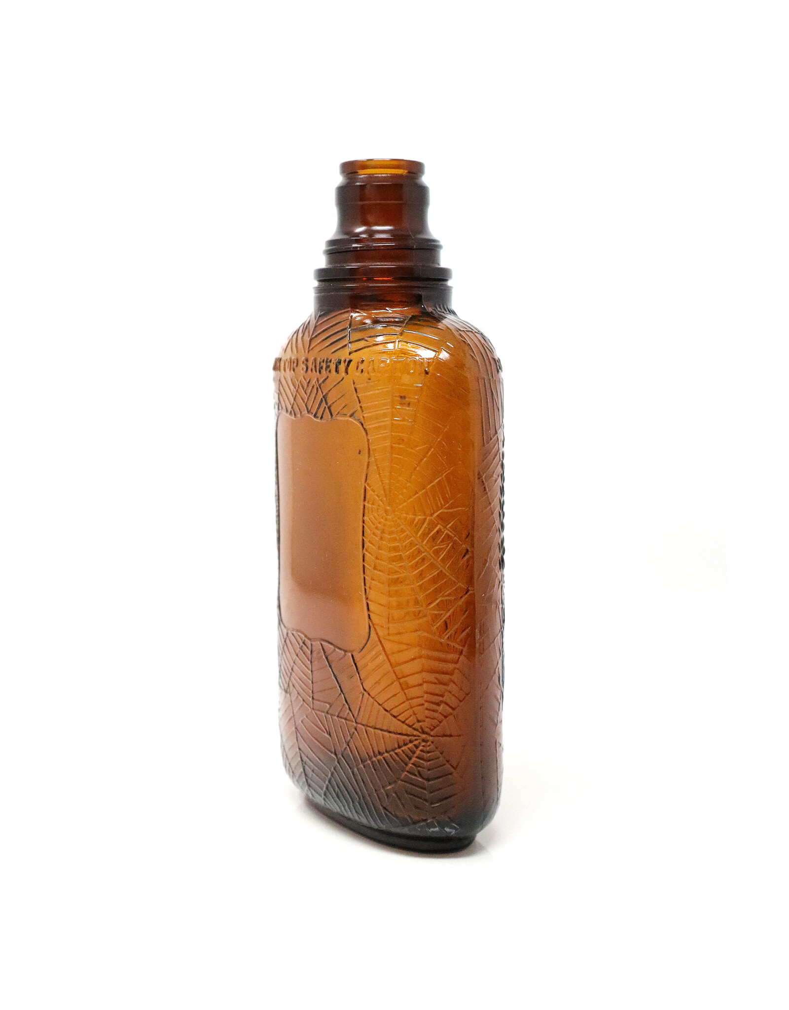 Antique Brown Glass Whiskey Bottle with Raised Spider Web and Wheat Stocks Motif
