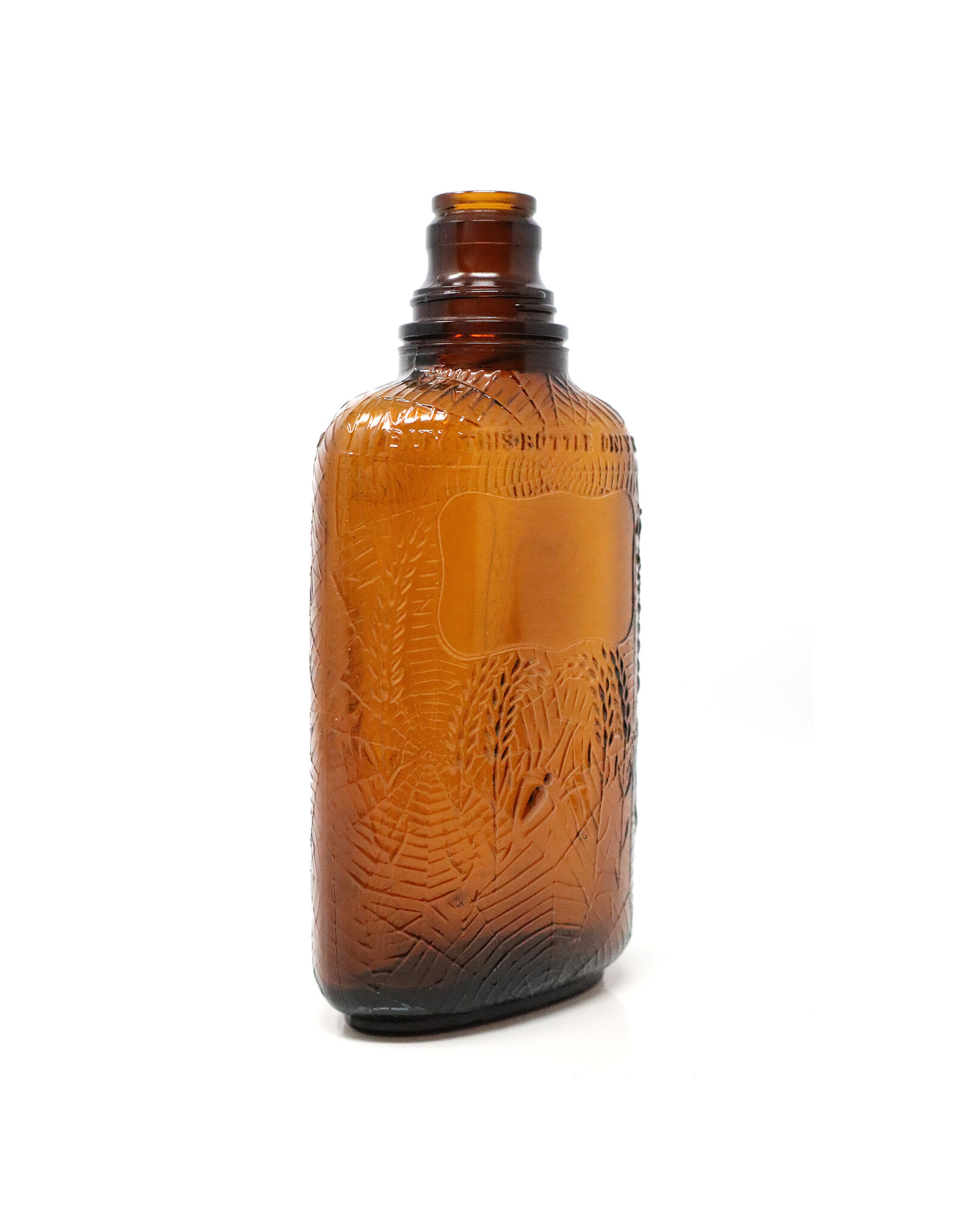 Antique Brown Glass Whiskey Bottle with Raised Spider Web and Wheat Stocks Motif
