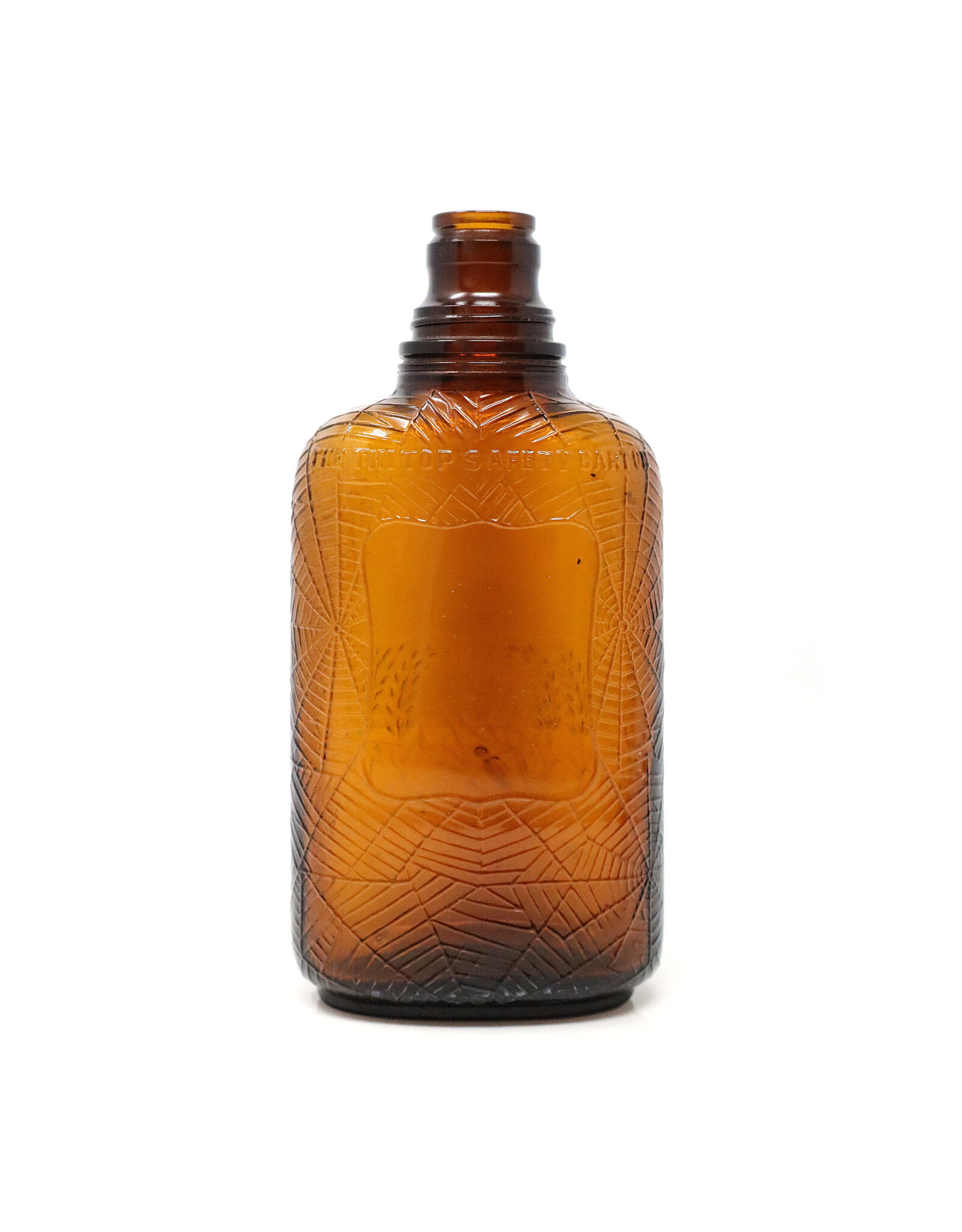 Antique Brown Glass Whiskey Bottle with Raised Spider Web and Wheat Stocks Motif