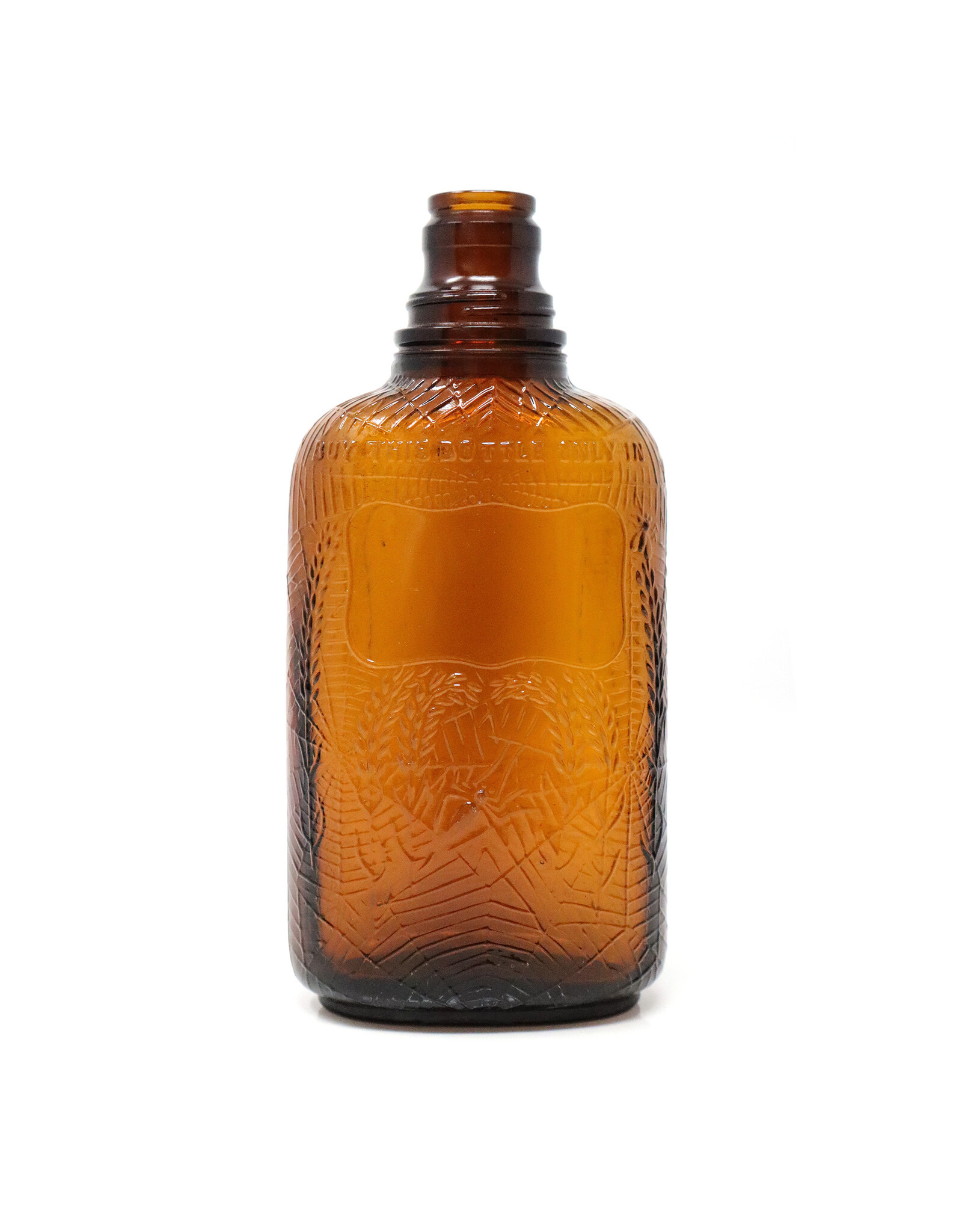 Antique Brown Glass Whiskey Bottle with Raised Spider Web and Wheat Stocks Motif