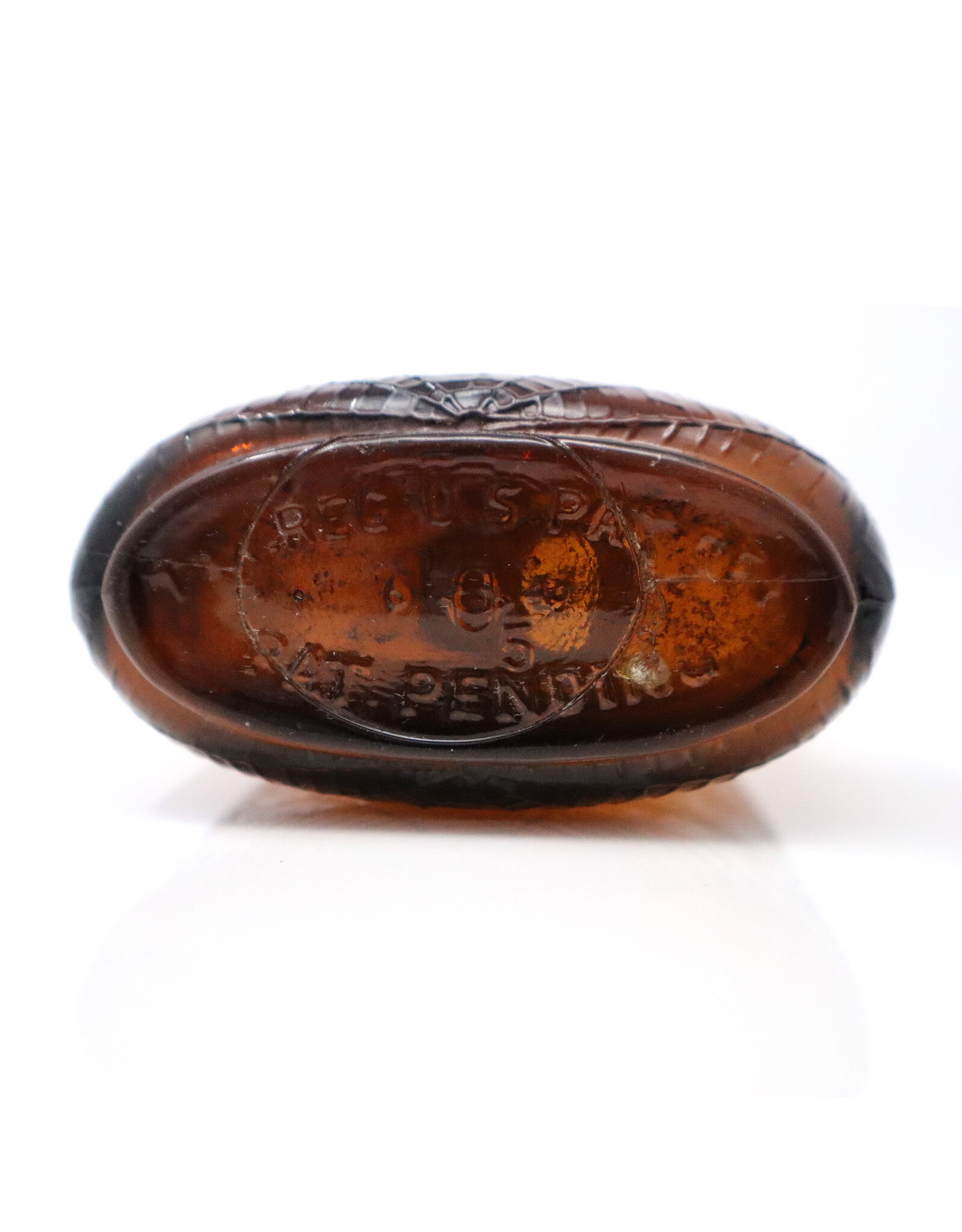 Antique Brown Glass Whiskey Bottle with Raised Spider Web and Wheat Stocks Motif