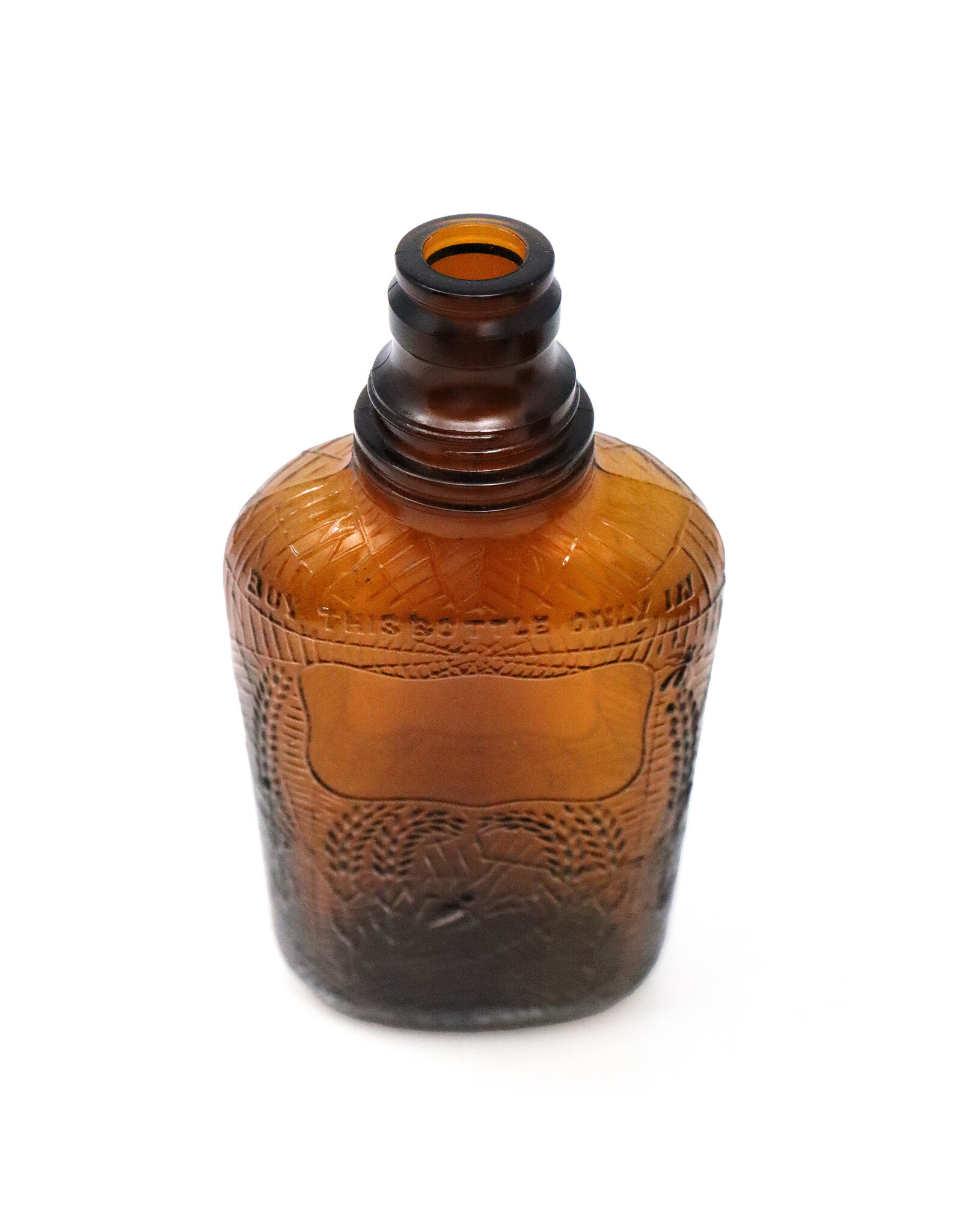 Antique Brown Glass Whiskey Bottle with Raised Spider Web and Wheat Stocks Motif