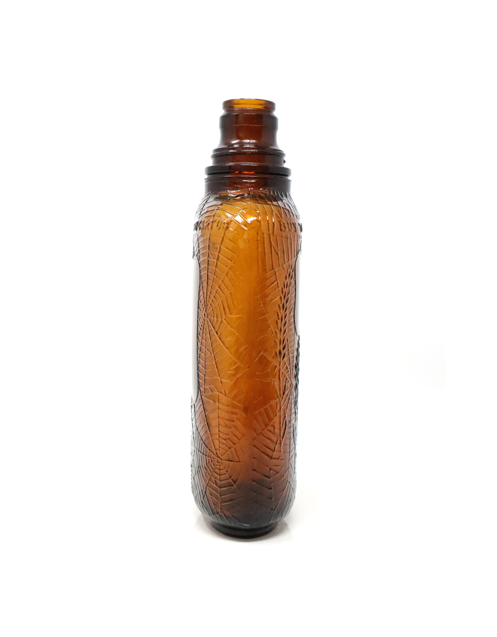 Antique Brown Glass Whiskey Bottle with Raised Spider Web and Wheat Stocks Motif
