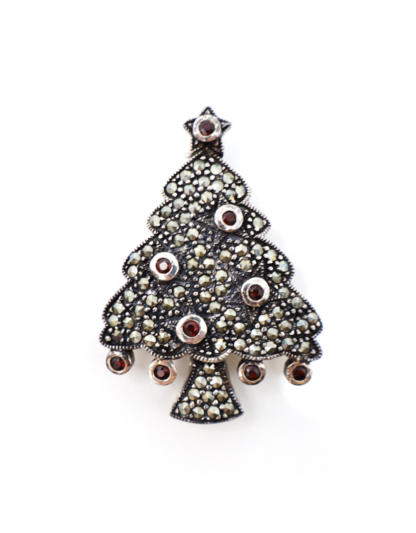 Sterling Christmas Tree with Garnet Ornaments and Marcasites Brooch