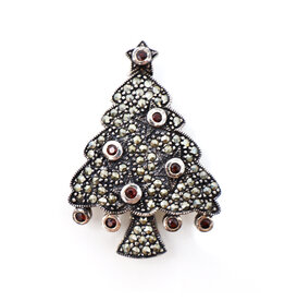 Sterling Christmas Tree with Garnet Ornaments and Marcasites Brooch