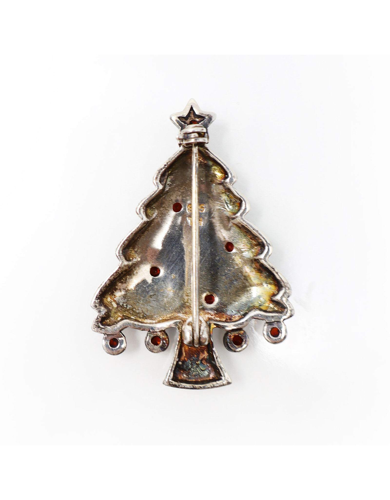 Sterling Christmas Tree with Garnet Ornaments and Marcasites Brooch