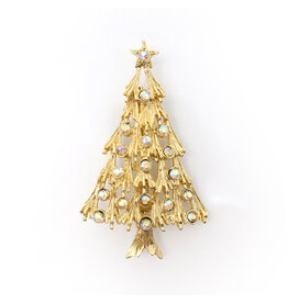 Vintage Gold-Colored Christmas Tree Brooch with Iridescent Rhinestones