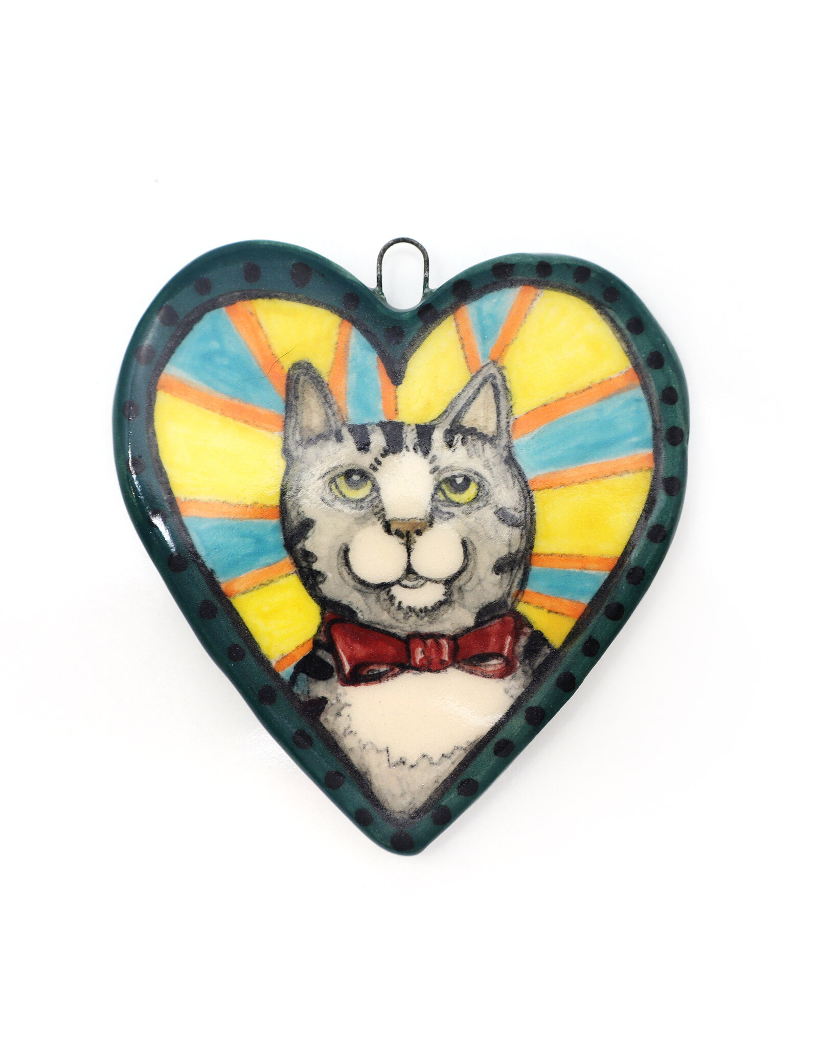 Atomic Girl Pottery Whimsical Cat Heart Hand-Made Ceramic Art Ornament