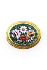 Medium Four-Flower Oval Forest Green Micromosaic Brooch