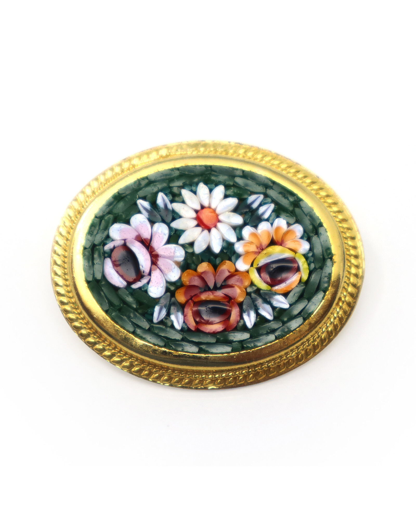 Medium Four-Flower Oval Forest Green Micromosaic Brooch