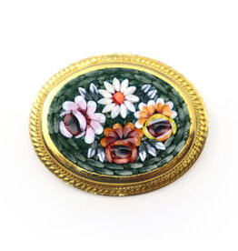 Medium Four-Flower Oval Forest Green Micromosaic Brooch
