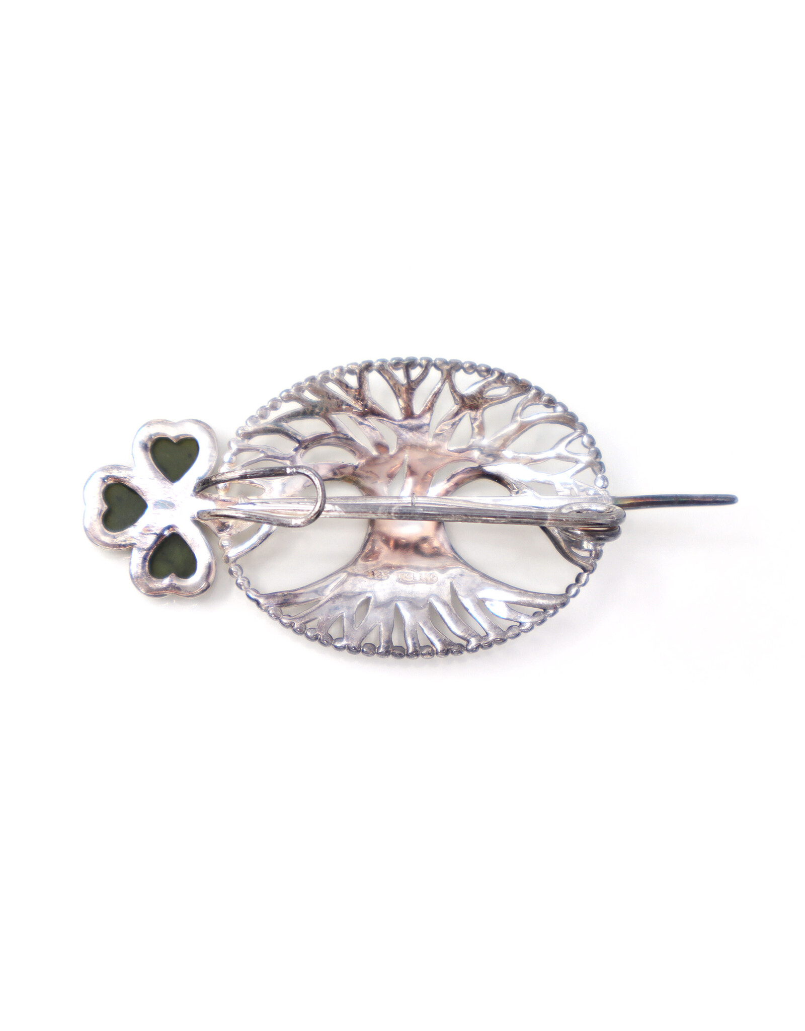Sterling Tree and Green Connemara Marble Shamrock Brooch in Presentation Box