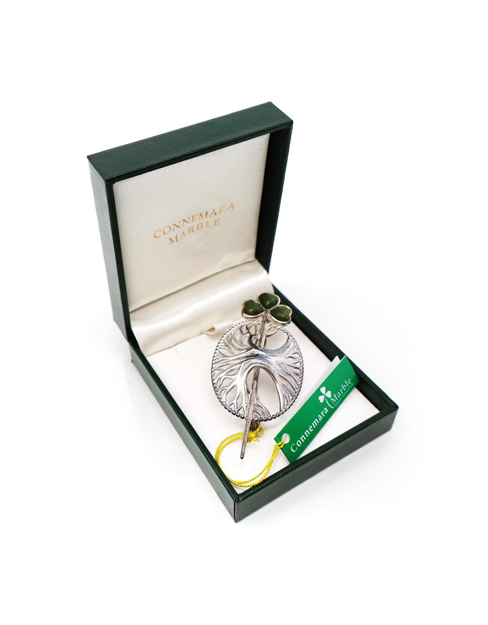 Sterling Tree and Green Connemara Marble Shamrock Brooch in Presentation Box