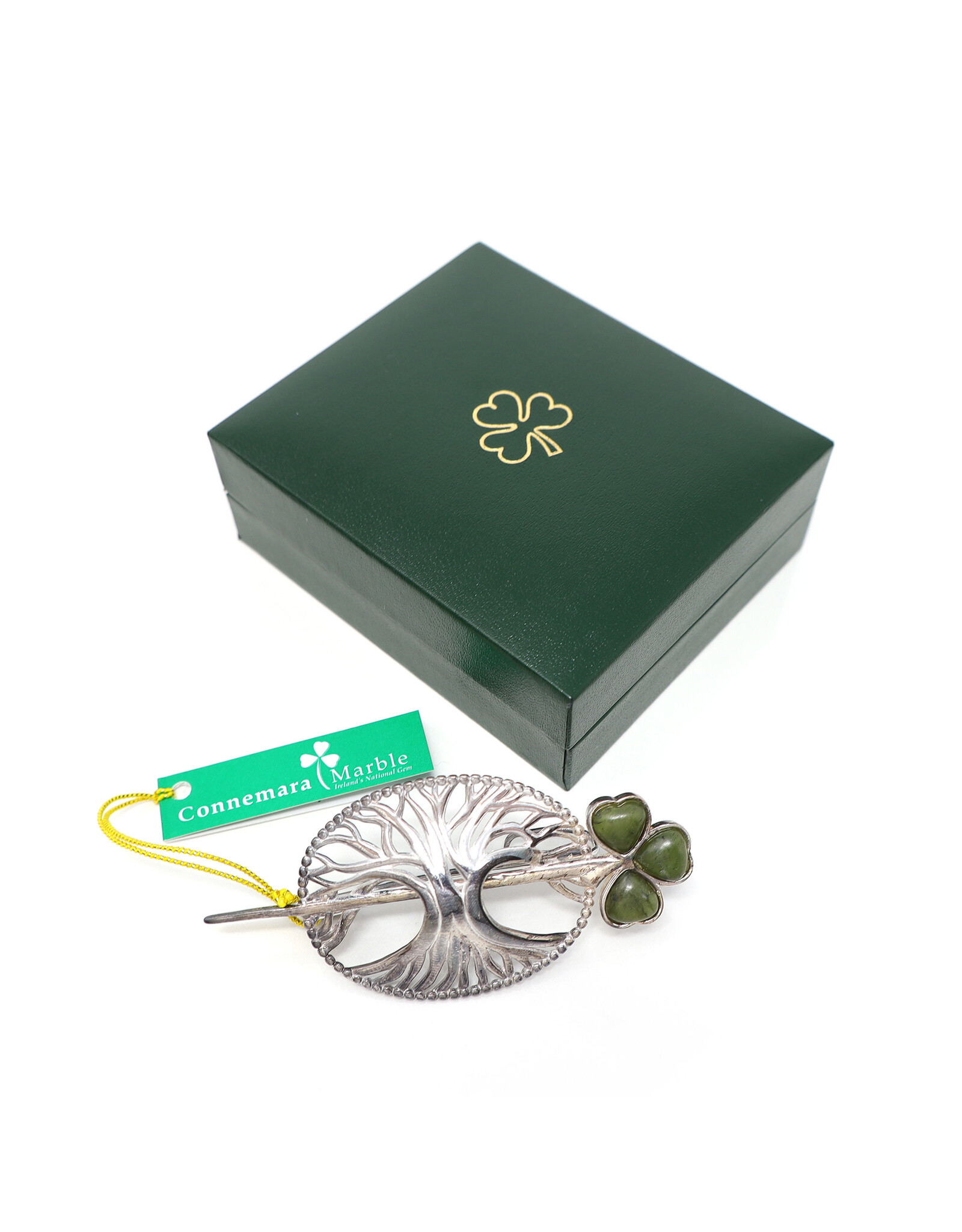 Sterling Tree and Green Connemara Marble Shamrock Brooch in Presentation Box