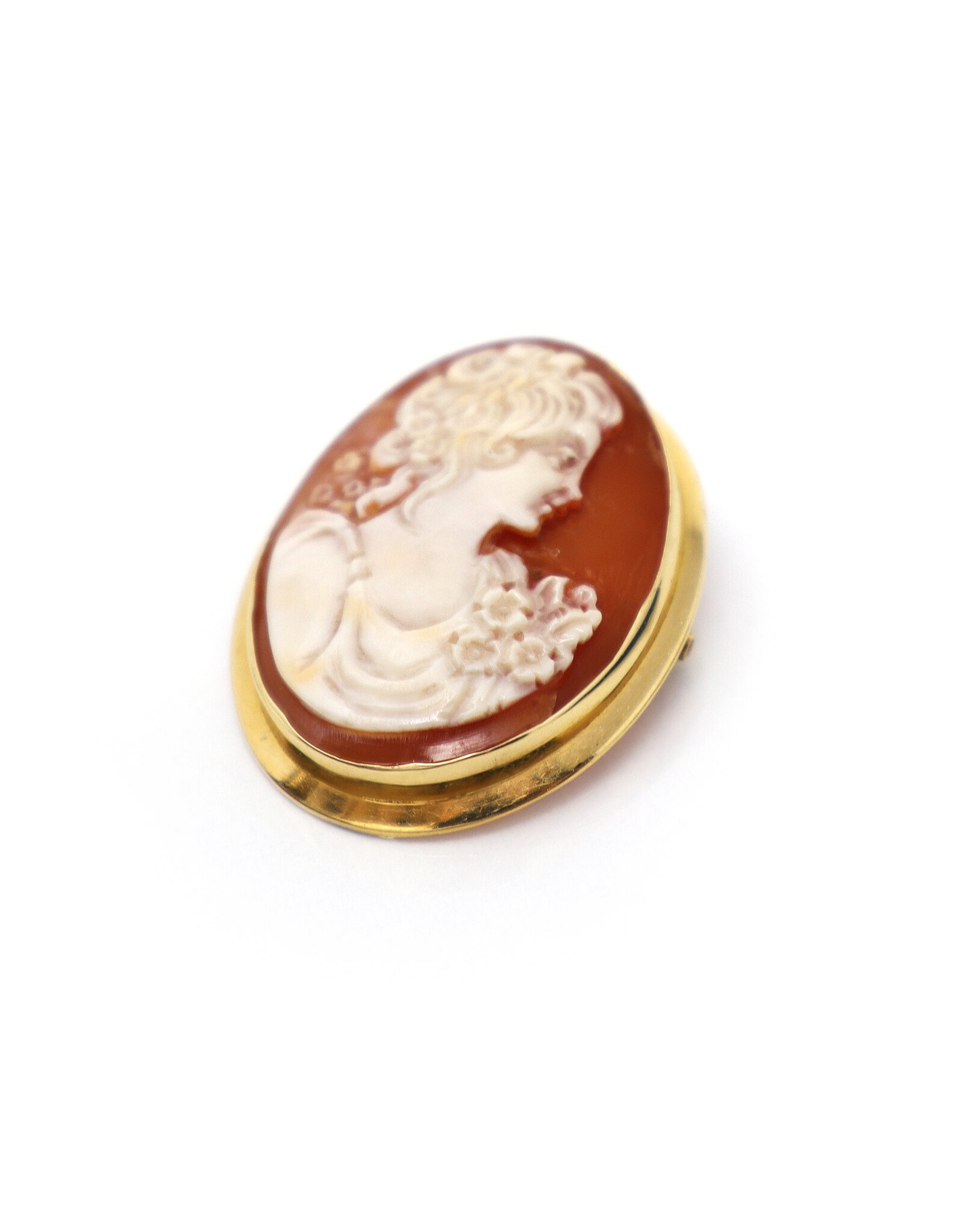Young Woman with Flowers Cameo Brooch in 18K Gold Setting with Bale