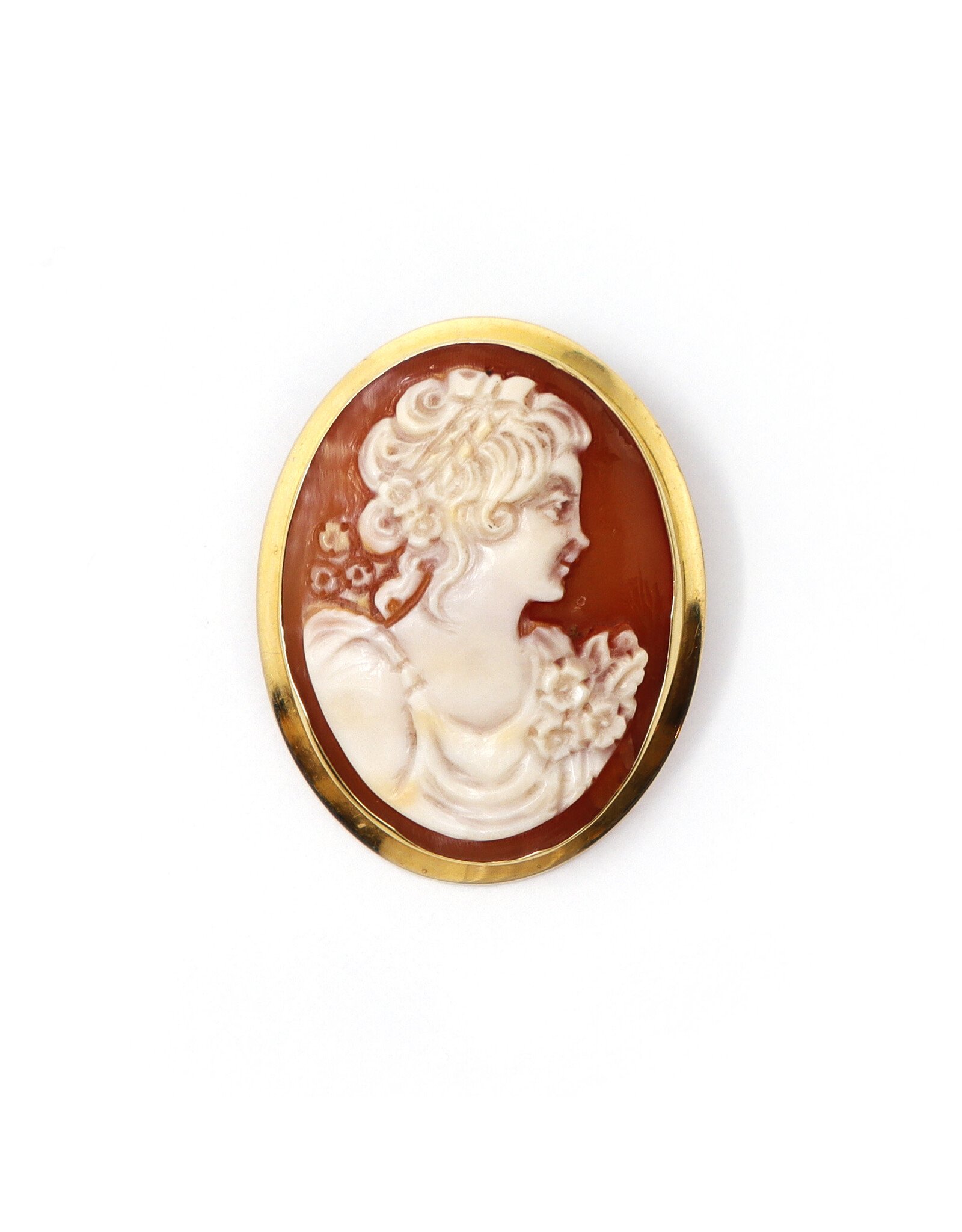 Young Woman with Flowers Cameo Brooch in 18K Gold Setting with Bale