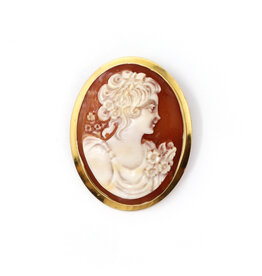 Young Woman with Flowers Cameo Brooch in 18K Gold Setting with Bale