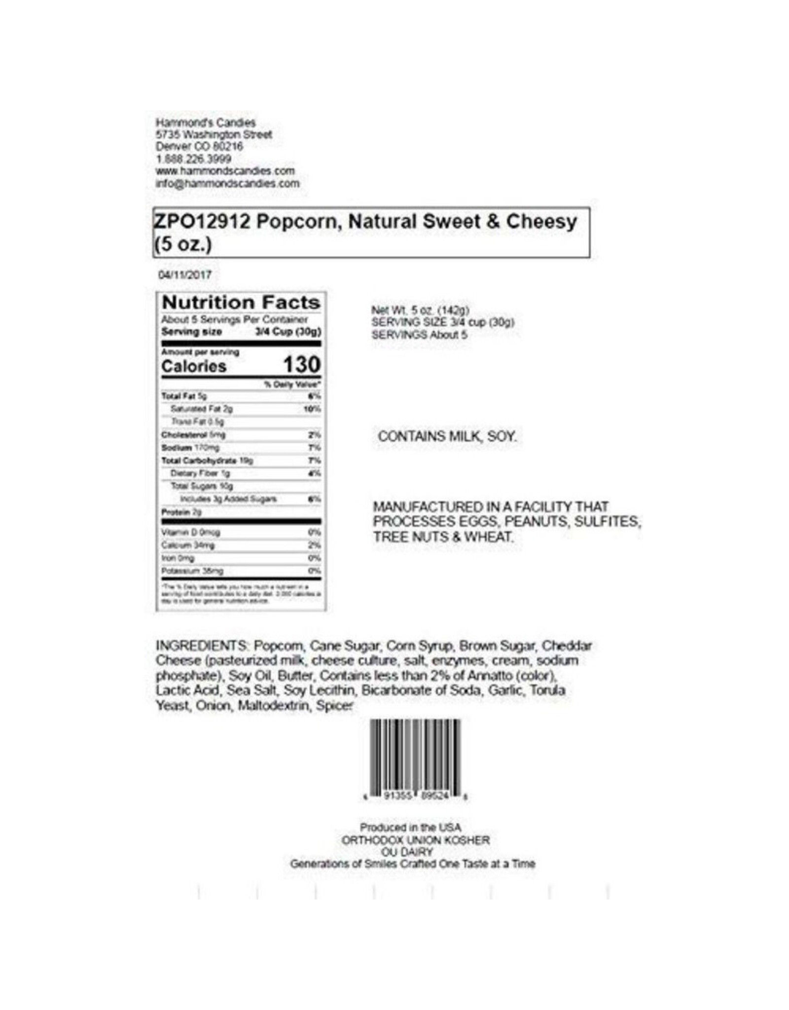 Hammond's Candies Popcorn Natural Sweet & Cheesy