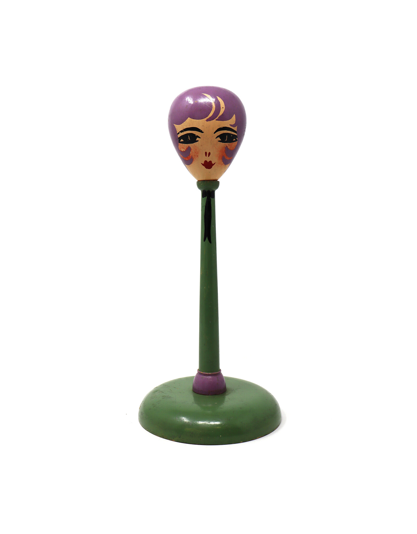 Vintage Hand-Painted Flapper Doll Green and Purple Wooden Hat Stand