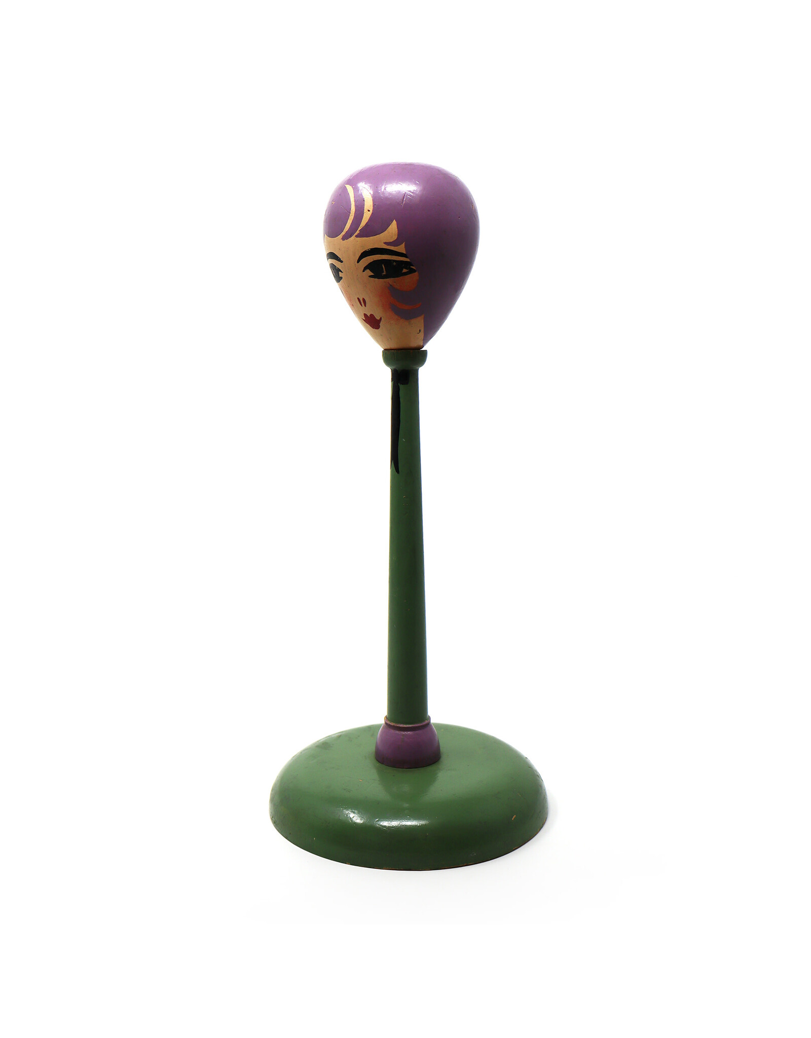 Vintage Hand-Painted Flapper Doll Green and Purple Wooden Hat Stand