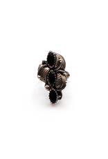 Vintage Navajo-Style Leaf-Motif Ring with Three Small Onyx Marquise Cabochons