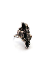 Vintage Navajo-Style Leaf-Motif Ring with Three Small Onyx Marquise Cabochons