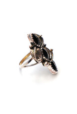 Vintage Navajo-Style Leaf-Motif Ring with Three Small Onyx Marquise Cabochons