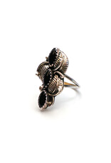 Vintage Navajo-Style Leaf-Motif Ring with Three Small Onyx Marquise Cabochons