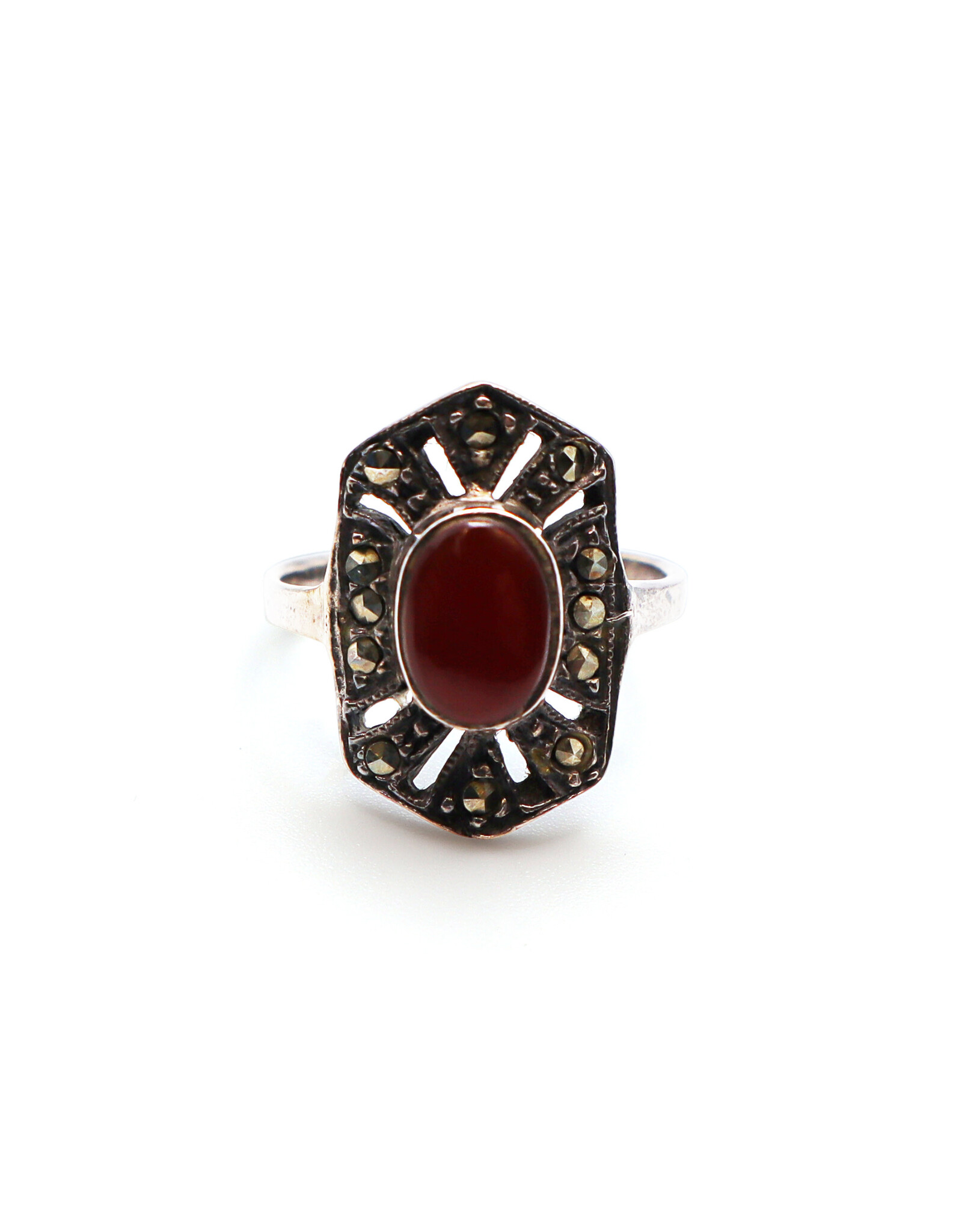 Art Deco-Style Marcasite-Style Sterling Ring with Carnelian Cabochon