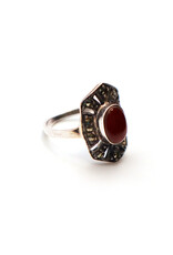 Art Deco-Style Marcasite-Style Sterling Ring with Carnelian Cabochon