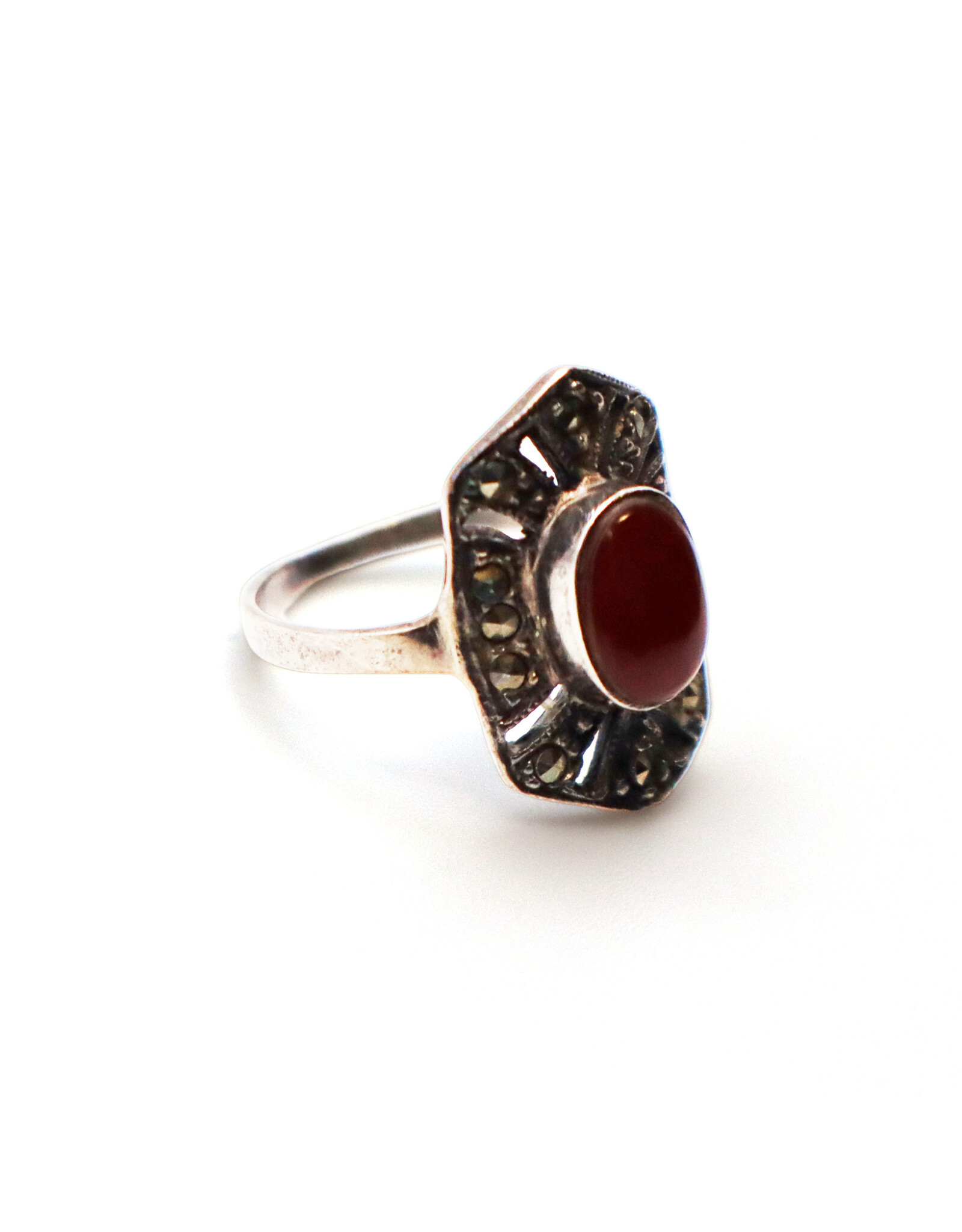 Art Deco-Style Marcasite-Style Sterling Ring with Carnelian Cabochon