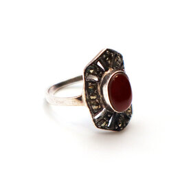 Art Deco-Style Marcasite-Style Sterling Ring with Carnelian Cabochon