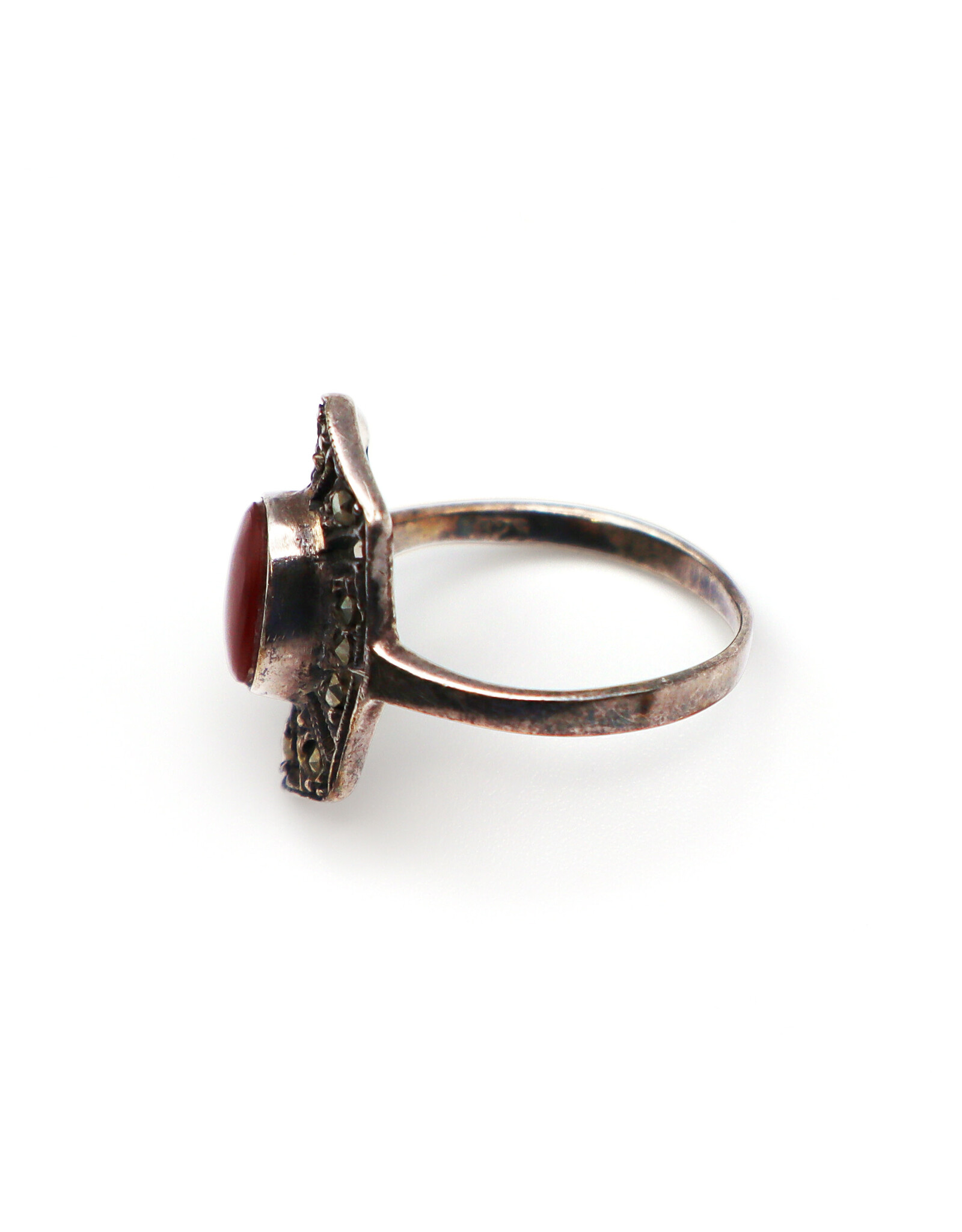 Art Deco-Style Marcasite-Style Sterling Ring with Carnelian Cabochon