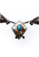 Vintage Sterling Navajo-Style Tasseled Florals and Fans Necklace with Quadrilateral Pendant with Turquoise Gemstone