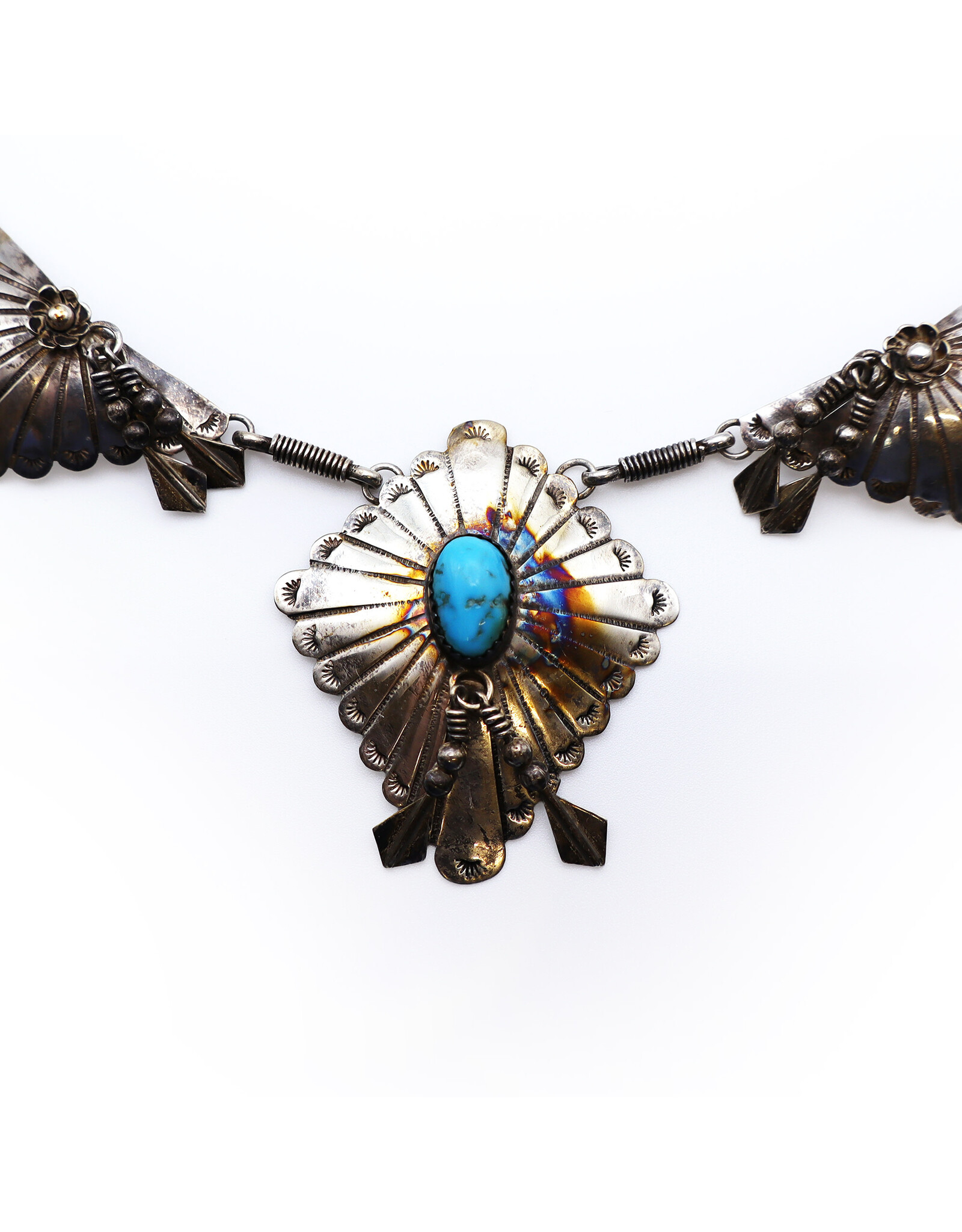 Vintage Sterling Navajo-Style Tasseled Florals and Fans Necklace with Quadrilateral Pendant with Turquoise Gemstone