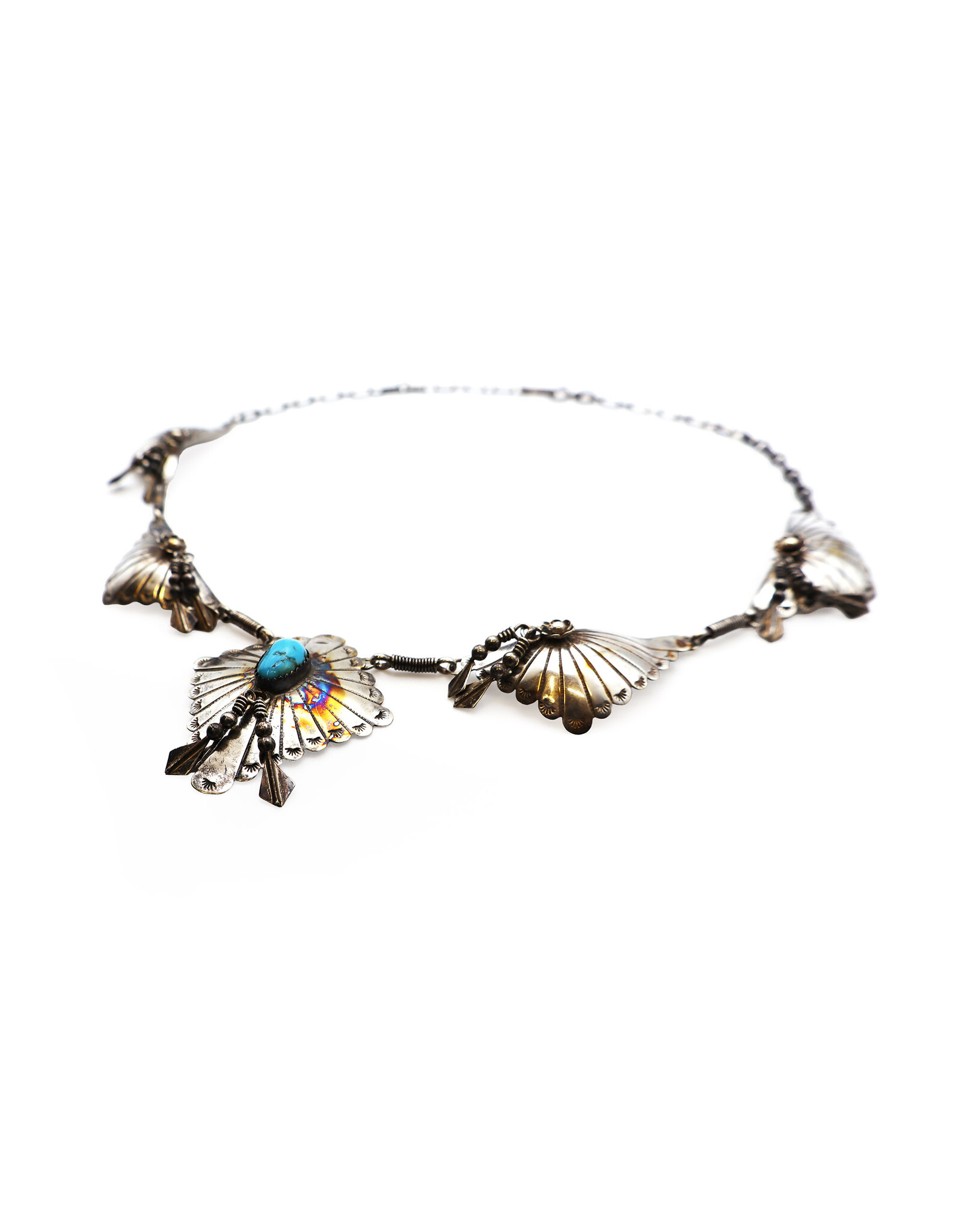 Vintage Sterling Navajo-Style Tasseled Florals and Fans Necklace with Quadrilateral Pendant with Turquoise Gemstone