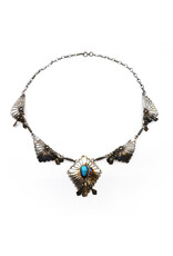 Vintage Sterling Navajo-Style Tasseled Florals and Fans Necklace with Quadrilateral Pendant with Turquoise Gemstone