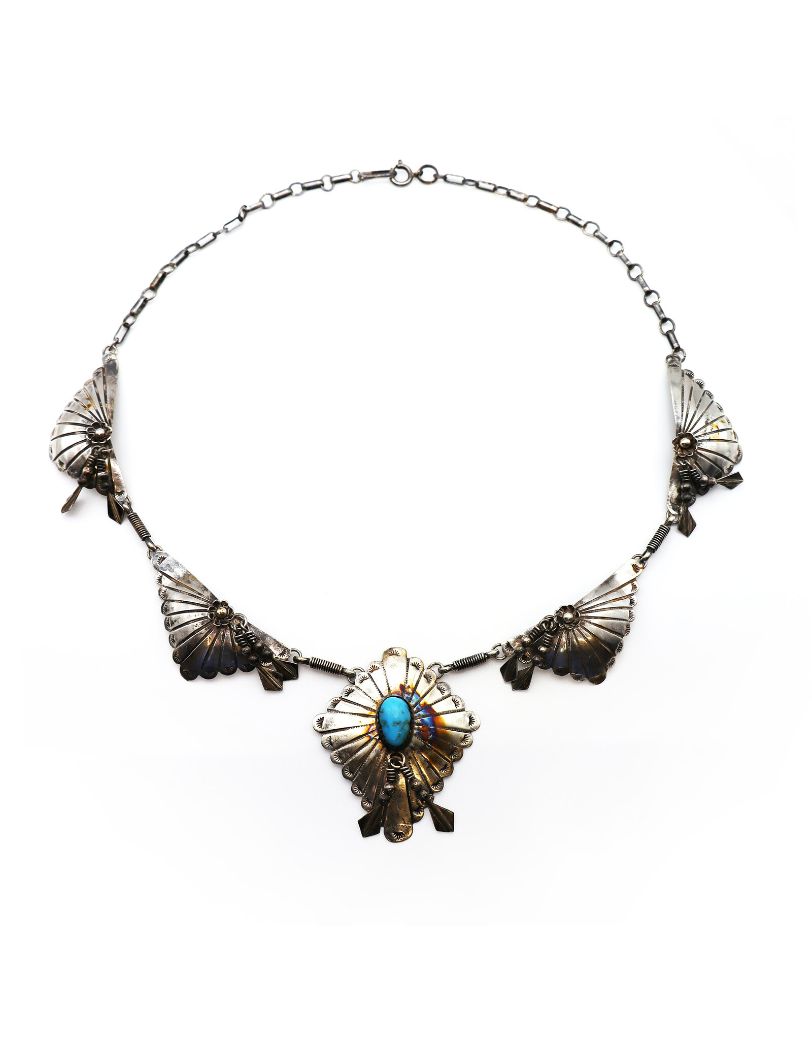 Vintage Sterling Navajo-Style Tasseled Florals and Fans Necklace with Quadrilateral Pendant with Turquoise Gemstone