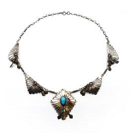 Vintage Sterling Navajo-Style Tasseled Florals and Fans Necklace with Quadrilateral Pendant with Turquoise Gemstone