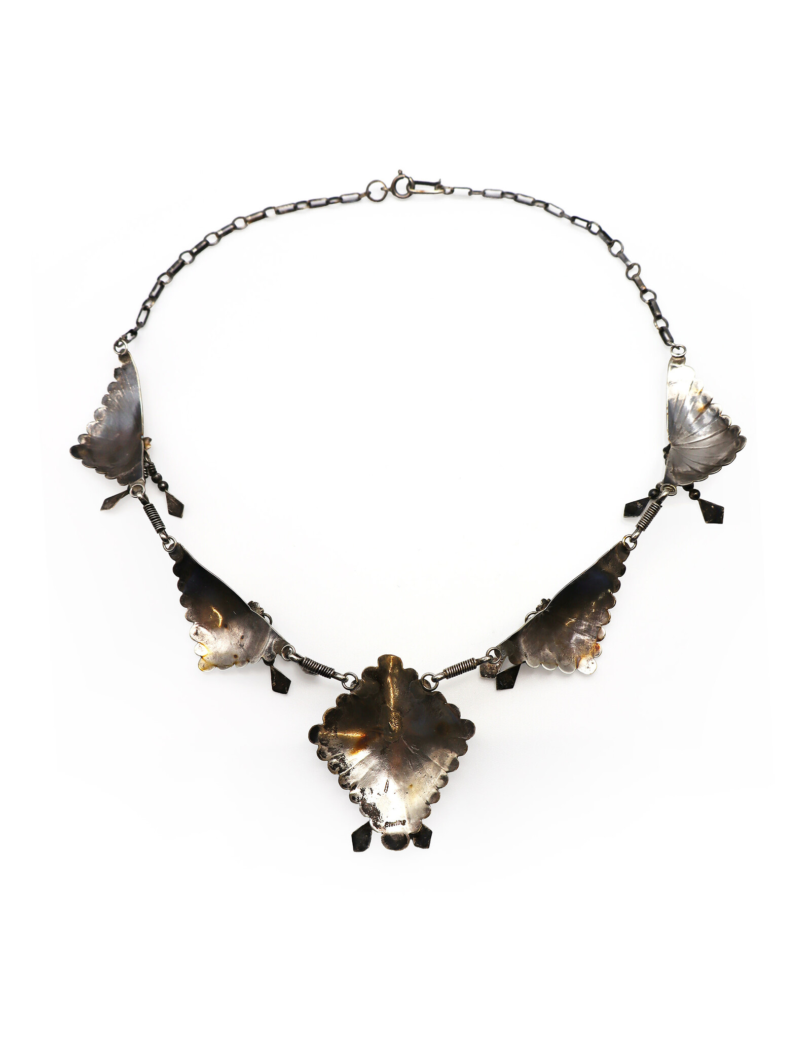 Vintage Sterling Navajo-Style Tasseled Florals and Fans Necklace with Quadrilateral Pendant with Turquoise Gemstone