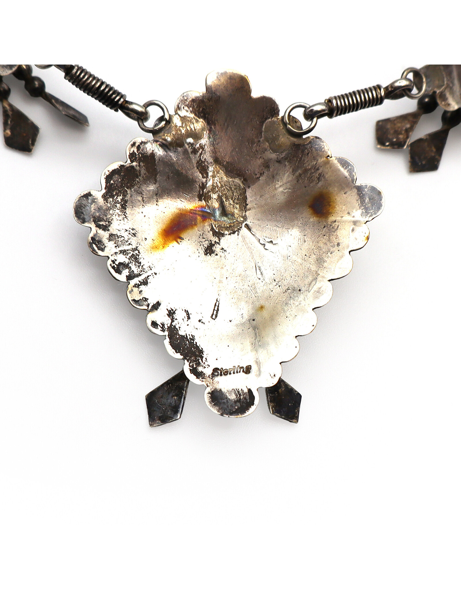 Vintage Sterling Navajo-Style Tasseled Florals and Fans Necklace with Quadrilateral Pendant with Turquoise Gemstone